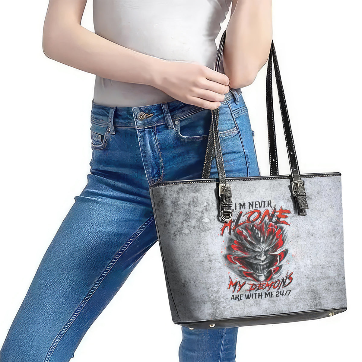 Devil Skull Leather Tote Bag I Never Alone My Demon With Me 24/7 - Wonder Print Shop