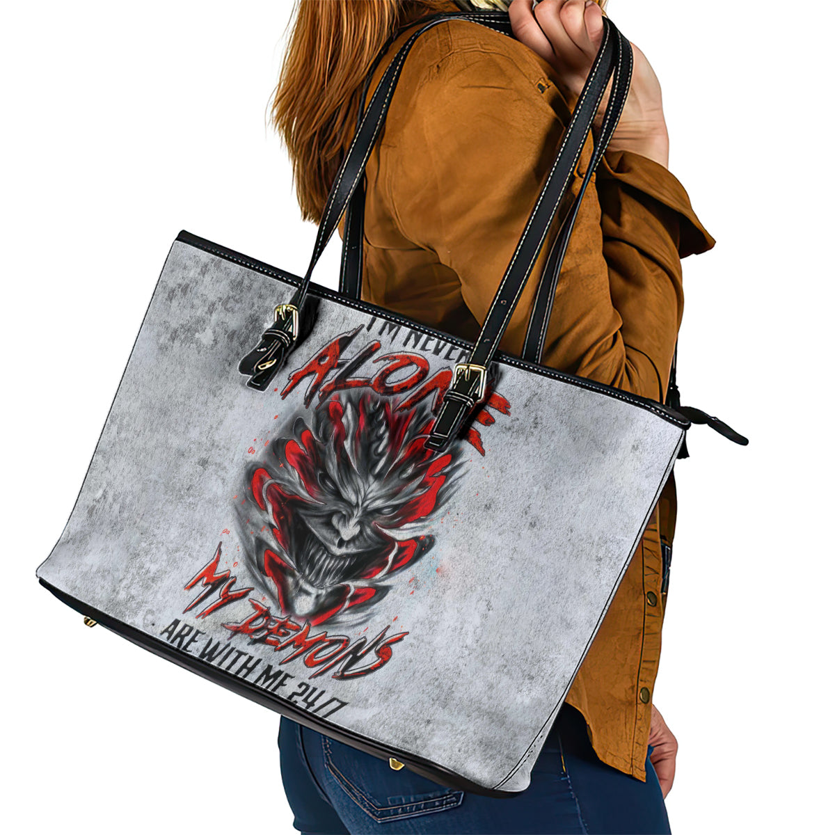 Devil Skull Leather Tote Bag I Never Alone My Demon With Me 24/7 - Wonder Print Shop