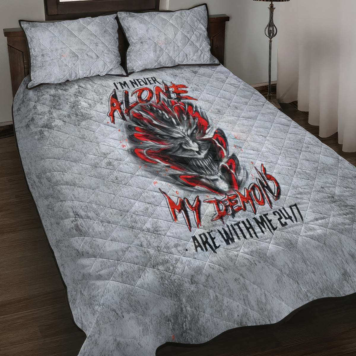 Devil Skull Quilt Bed Set I Never Alone My Demon With Me 24/7 - Wonder Print Shop