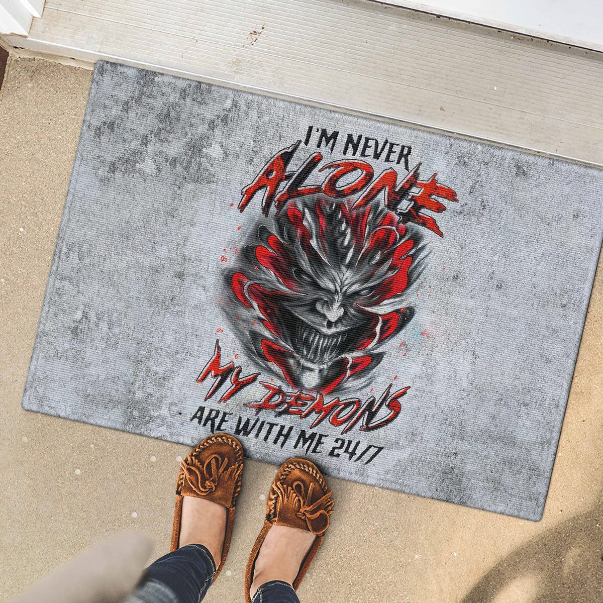 Devil Skull Rubber Doormat I Never Alone My Demon With Me 24/7 - Wonder Print Shop