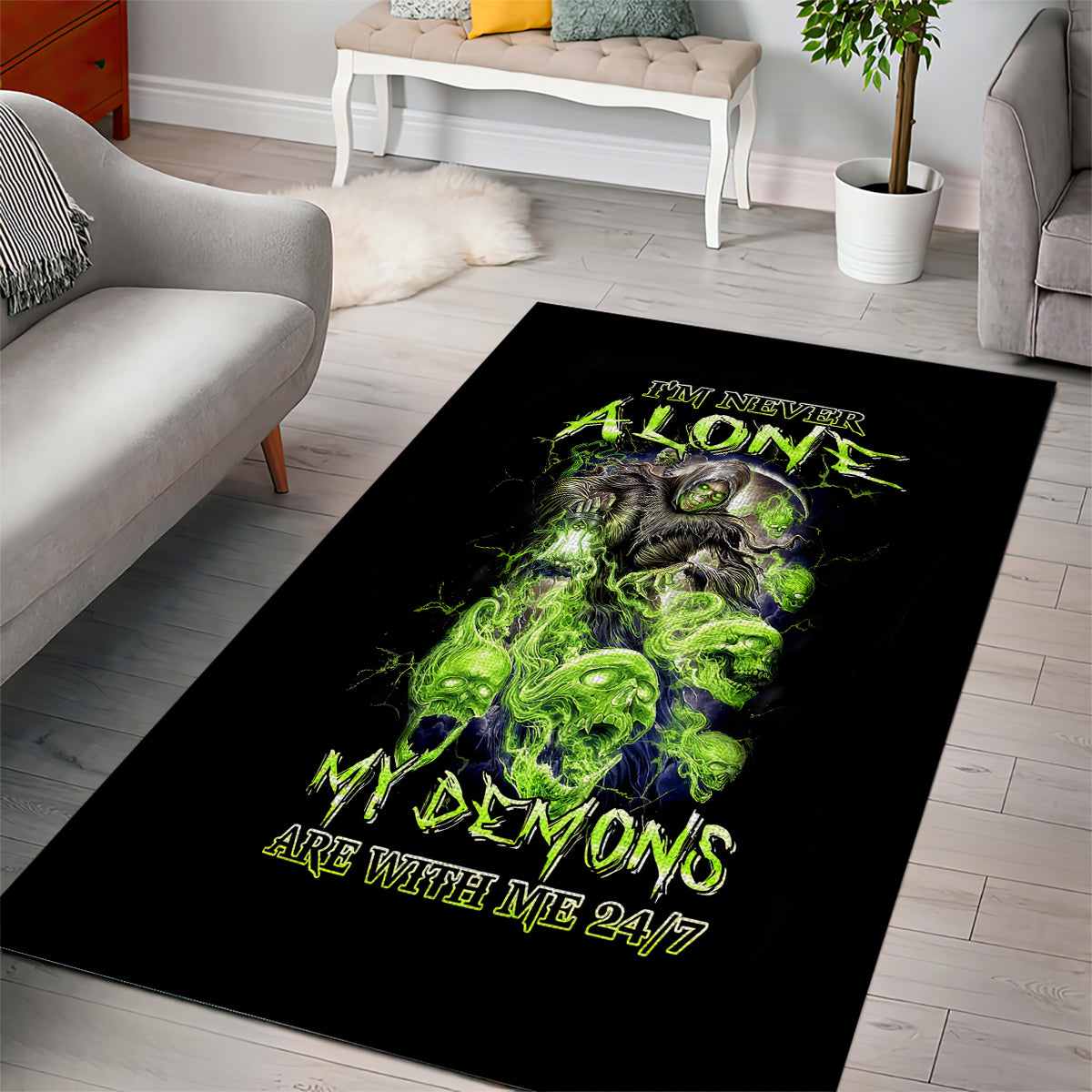 Death Skull Area Rug I Never Alone My Demon With Me 24/7 - Wonder Print Shop