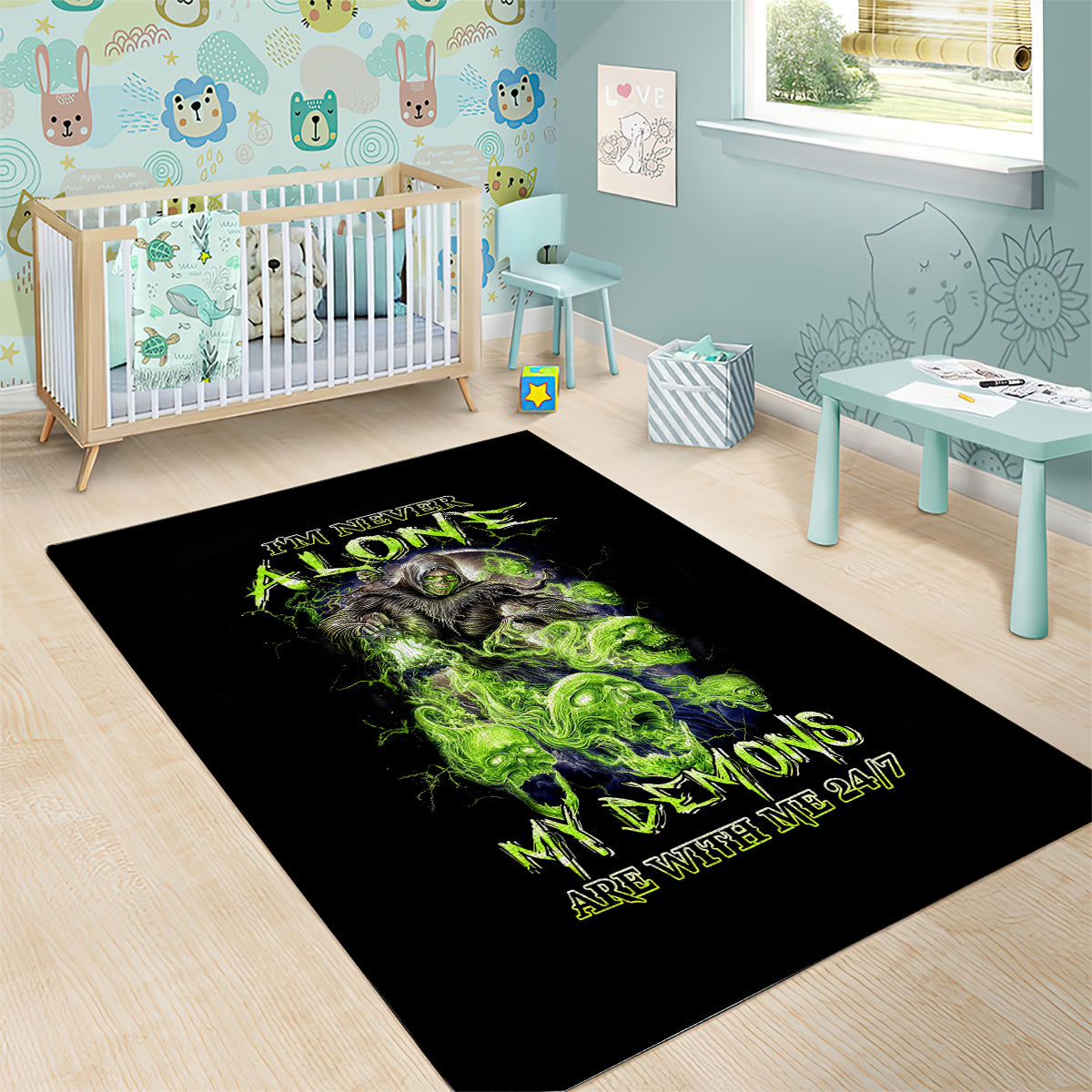 Death Skull Area Rug I Never Alone My Demon With Me 24/7 - Wonder Print Shop