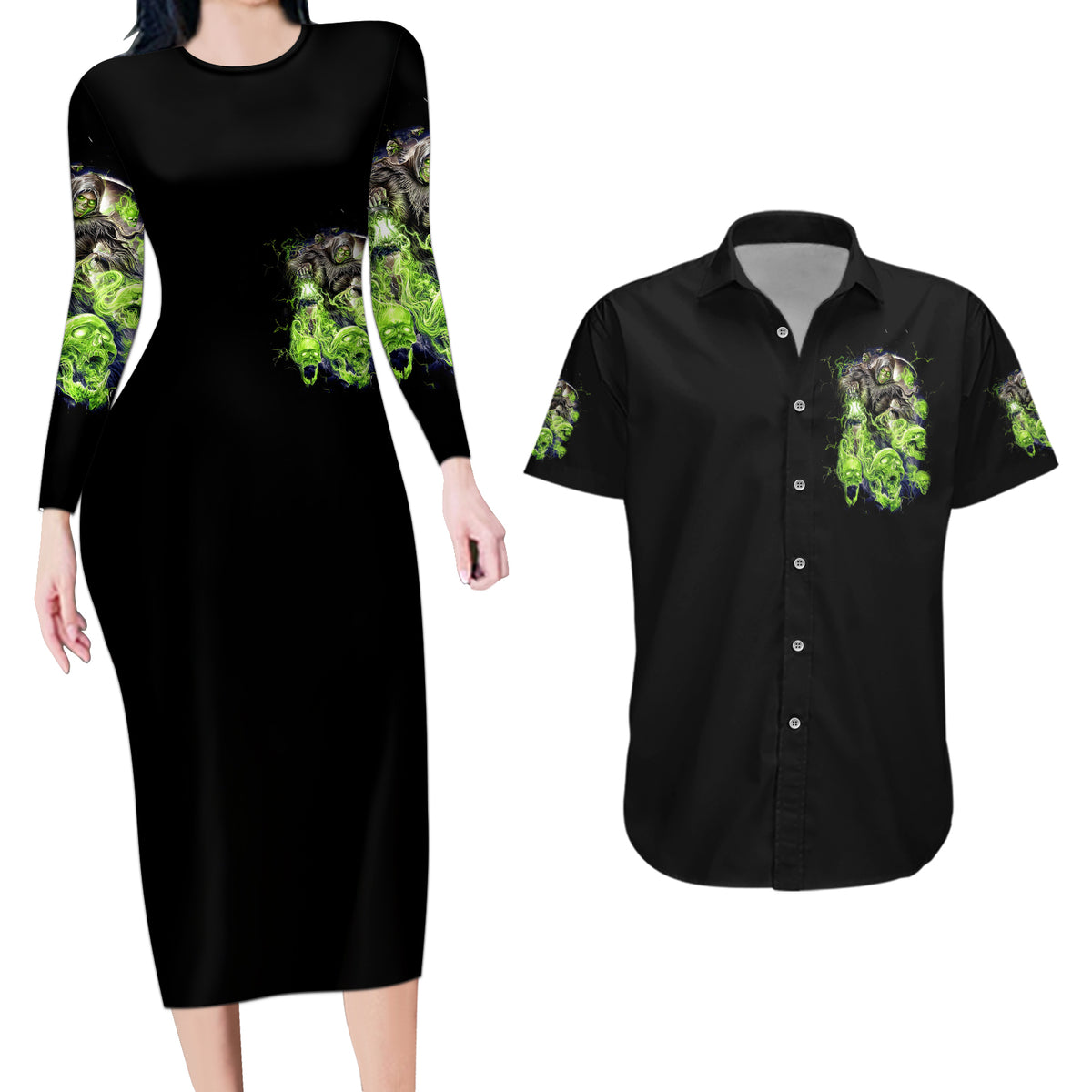 Death Skull Couples Matching Long Sleeve Bodycon Dress and Hawaiian Shirt I Never Alone My Demon With Me 24/7 - Wonder Print Shop