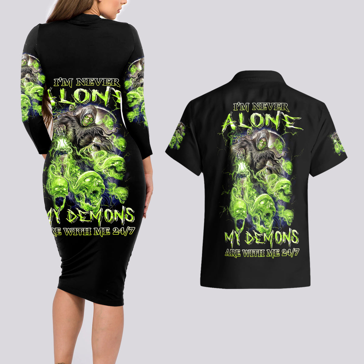 Death Skull Couples Matching Long Sleeve Bodycon Dress and Hawaiian Shirt I Never Alone My Demon With Me 24/7 - Wonder Print Shop