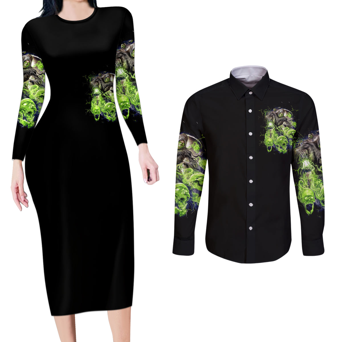 Death Skull Couples Matching Long Sleeve Bodycon Dress and Long Sleeve Button Shirts I Never Alone My Demon With Me 24/7 - Wonder Print Shop