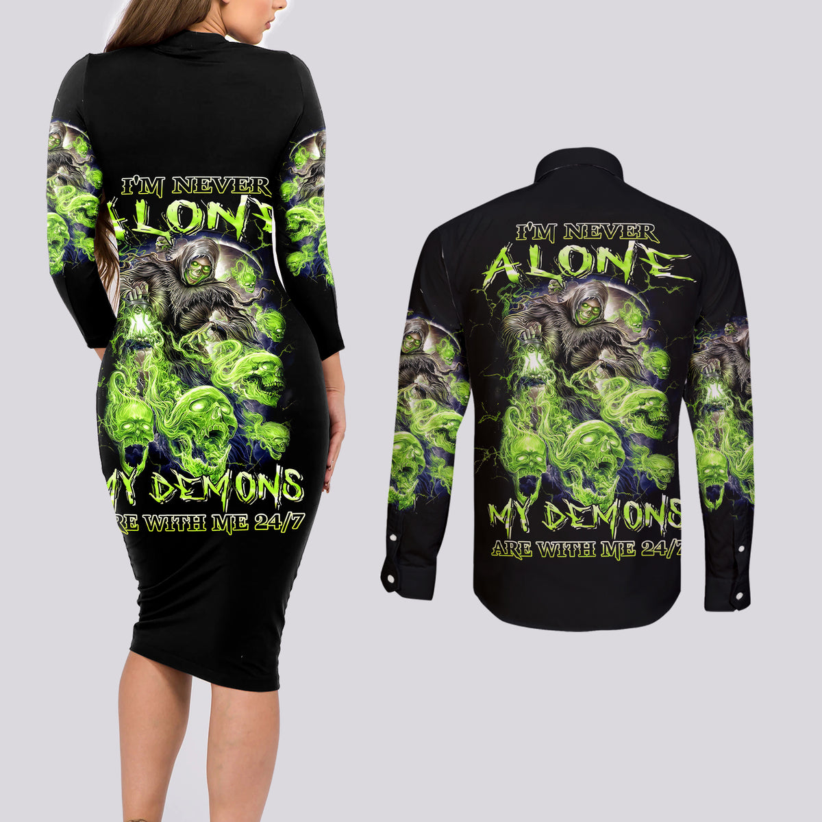 Death Skull Couples Matching Long Sleeve Bodycon Dress and Long Sleeve Button Shirts I Never Alone My Demon With Me 24/7 - Wonder Print Shop