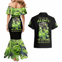Death Skull Couples Matching Mermaid Dress and Hawaiian Shirt I Never Alone My Demon With Me 24/7 - Wonder Print Shop