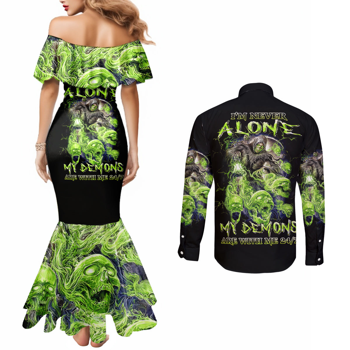 Death Skull Couples Matching Mermaid Dress and Long Sleeve Button Shirts I Never Alone My Demon With Me 24/7 DT01