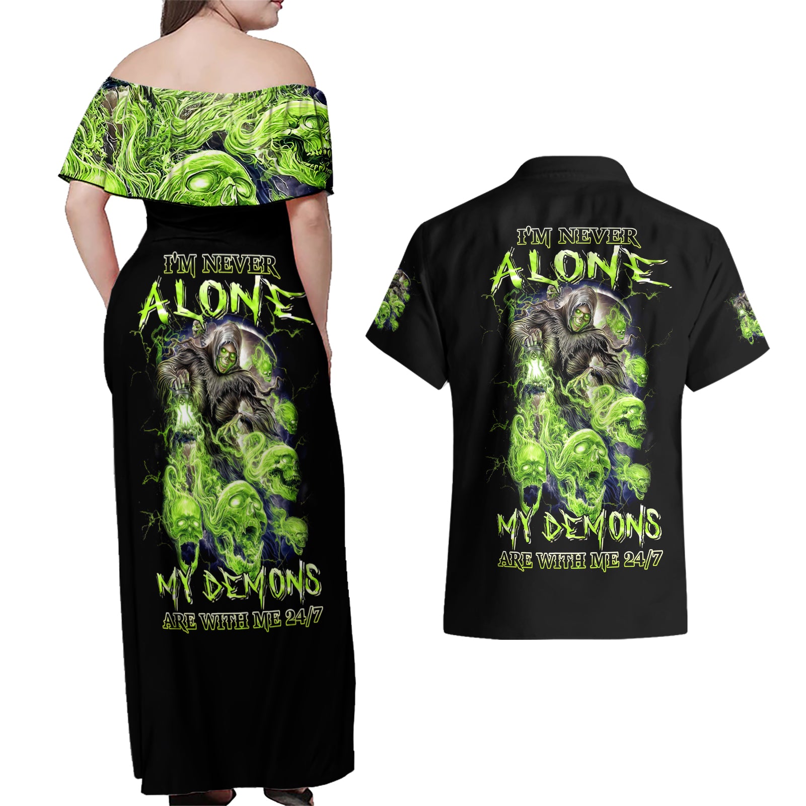Death Skull Couples Matching Off Shoulder Maxi Dress and Hawaiian Shirt I Never Alone My Demon With Me 24/7 - Wonder Print Shop