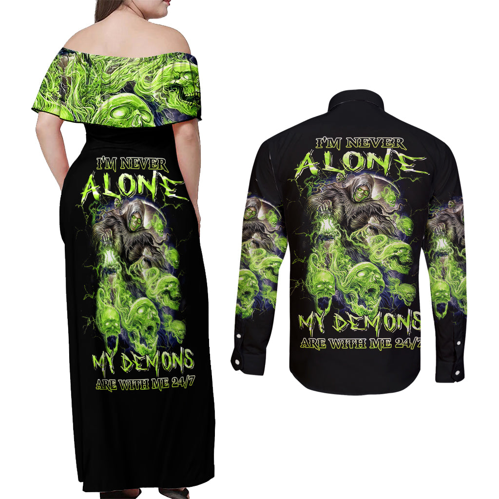 Death Skull Couples Matching Off Shoulder Maxi Dress and Long Sleeve Button Shirts I Never Alone My Demon With Me 24/7 - Wonder Print Shop