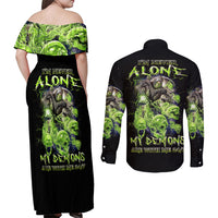 Death Skull Couples Matching Off Shoulder Maxi Dress and Long Sleeve Button Shirts I Never Alone My Demon With Me 24/7 - Wonder Print Shop