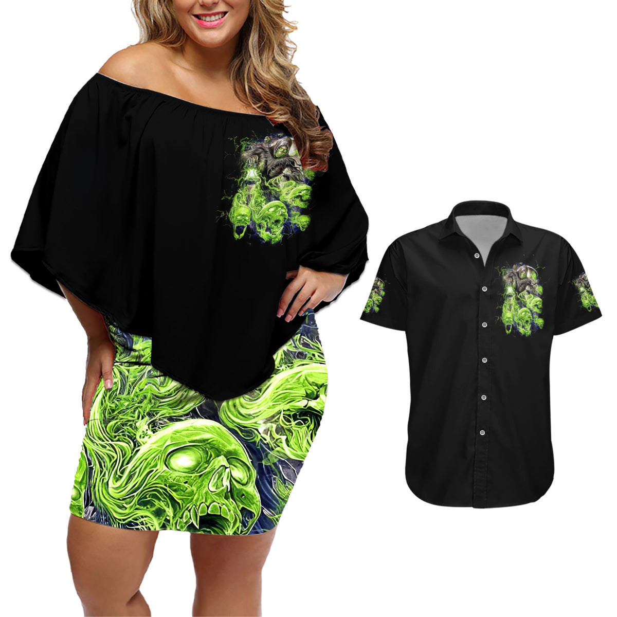 Death Skull Couples Matching Off Shoulder Short Dress and Hawaiian Shirt I Never Alone My Demon With Me 24/7 - Wonder Print Shop