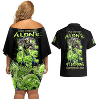 Death Skull Couples Matching Off Shoulder Short Dress and Hawaiian Shirt I Never Alone My Demon With Me 24/7 - Wonder Print Shop