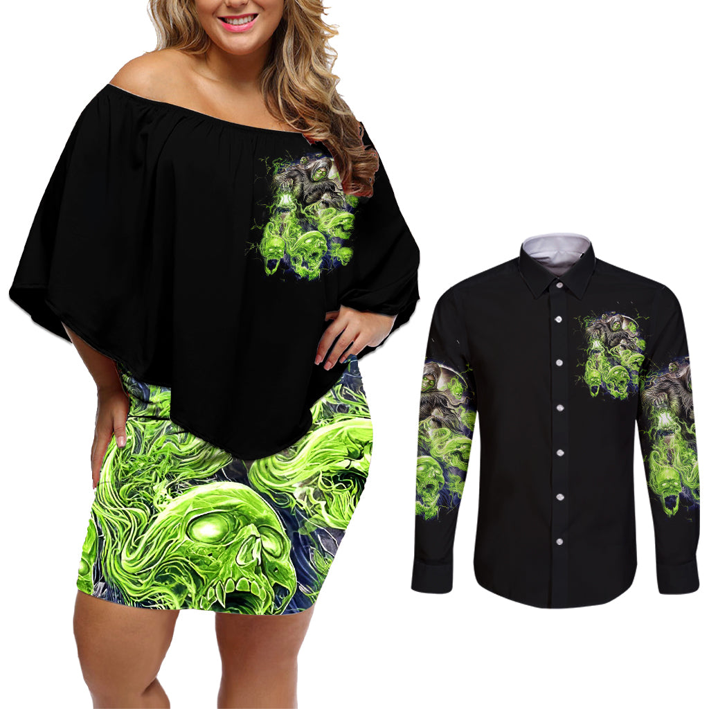 Death Skull Couples Matching Off Shoulder Short Dress and Long Sleeve Button Shirts I Never Alone My Demon With Me 24/7 - Wonder Print Shop