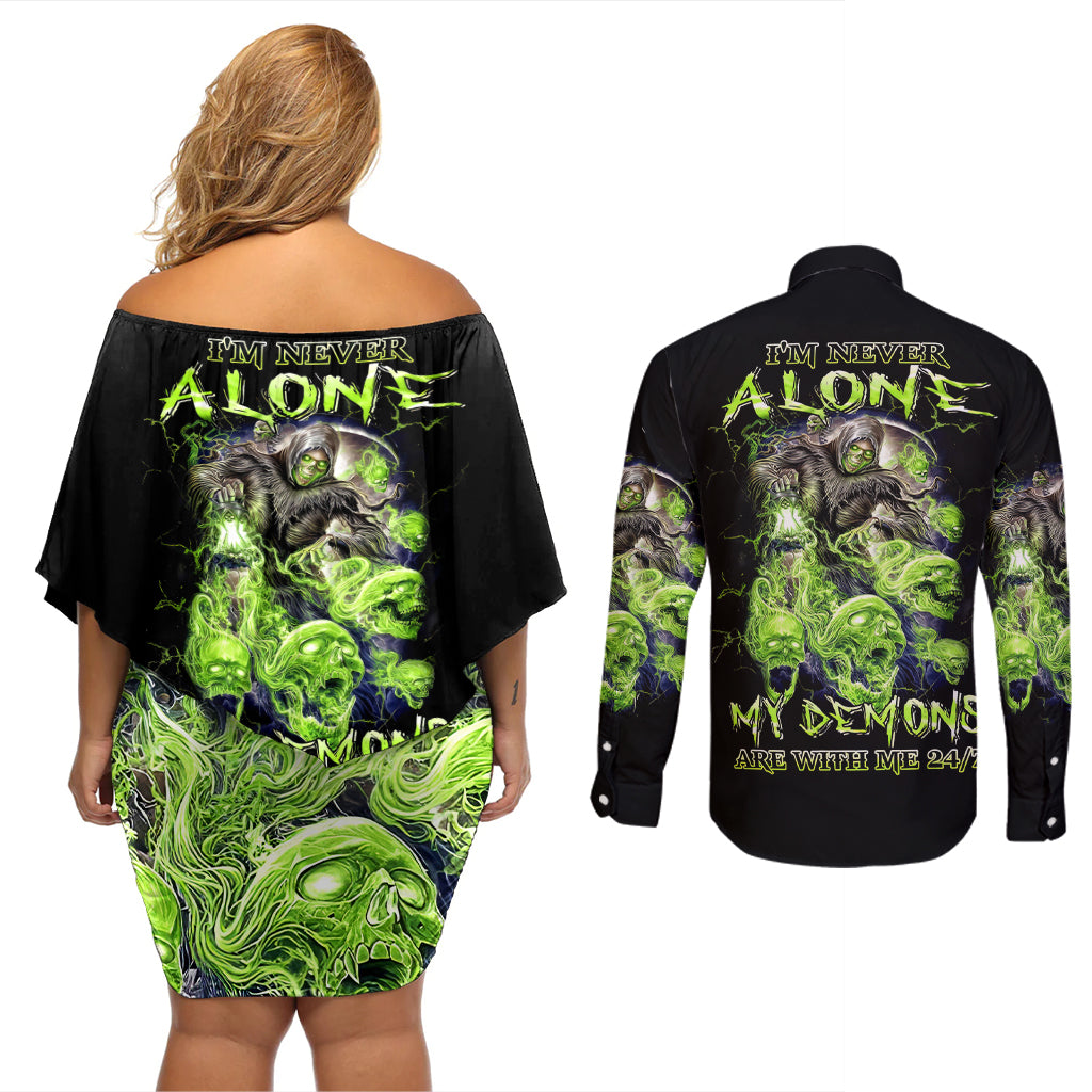 Death Skull Couples Matching Off Shoulder Short Dress and Long Sleeve Button Shirts I Never Alone My Demon With Me 24/7 - Wonder Print Shop