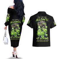Death Skull Couples Matching Off The Shoulder Long Sleeve Dress and Hawaiian Shirt I Never Alone My Demon With Me 24/7 - Wonder Print Shop