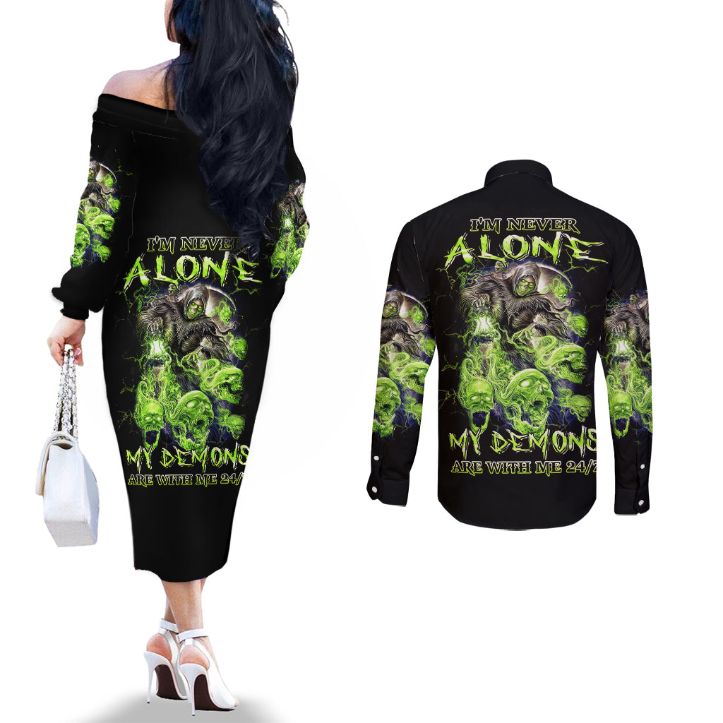Death Skull Couples Matching Off The Shoulder Long Sleeve Dress and Long Sleeve Button Shirts I Never Alone My Demon With Me 24/7 DT01