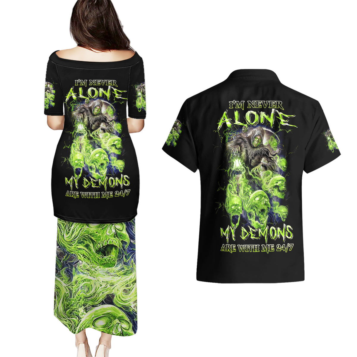 Death Skull Couples Matching Puletasi Dress and Hawaiian Shirt I Never Alone My Demon With Me 24/7 - Wonder Print Shop