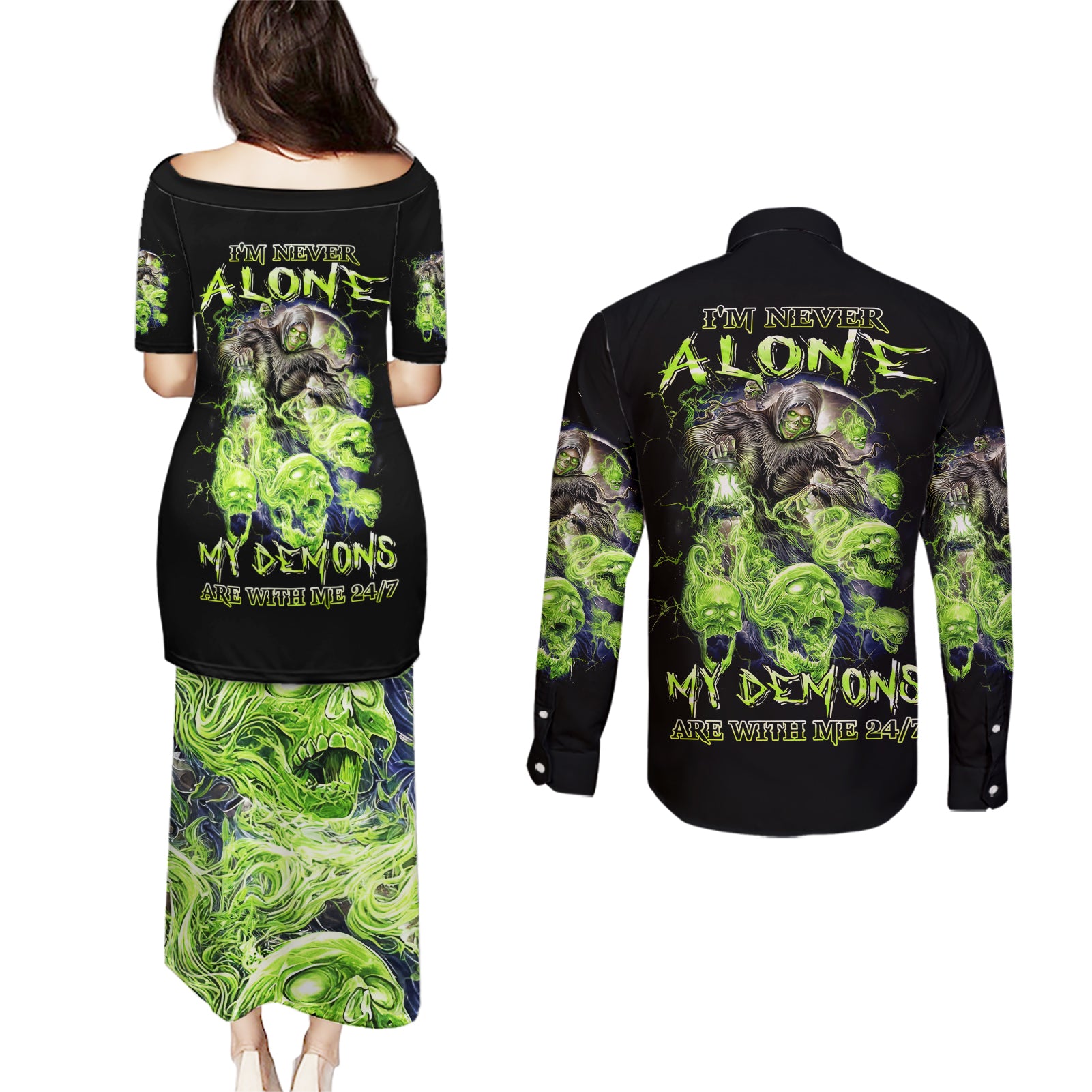 Death Skull Couples Matching Puletasi Dress and Long Sleeve Button Shirts I Never Alone My Demon With Me 24/7 - Wonder Print Shop