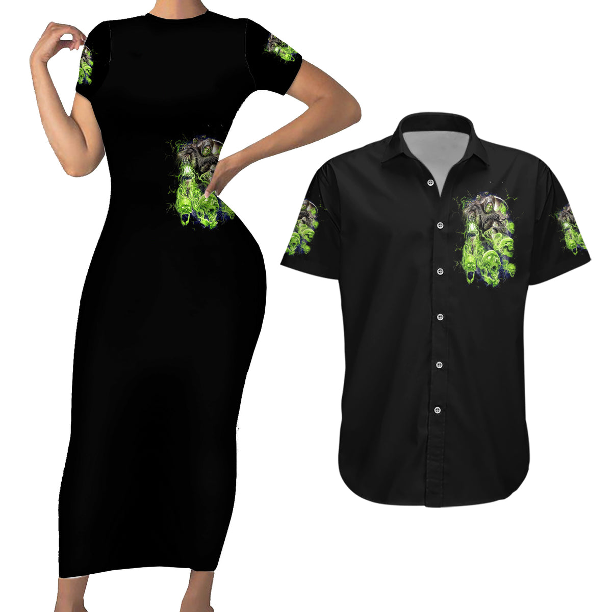 Death Skull Couples Matching Short Sleeve Bodycon Dress and Hawaiian Shirt I Never Alone My Demon With Me 24/7 - Wonder Print Shop