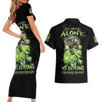 Death Skull Couples Matching Short Sleeve Bodycon Dress and Hawaiian Shirt I Never Alone My Demon With Me 24/7 - Wonder Print Shop