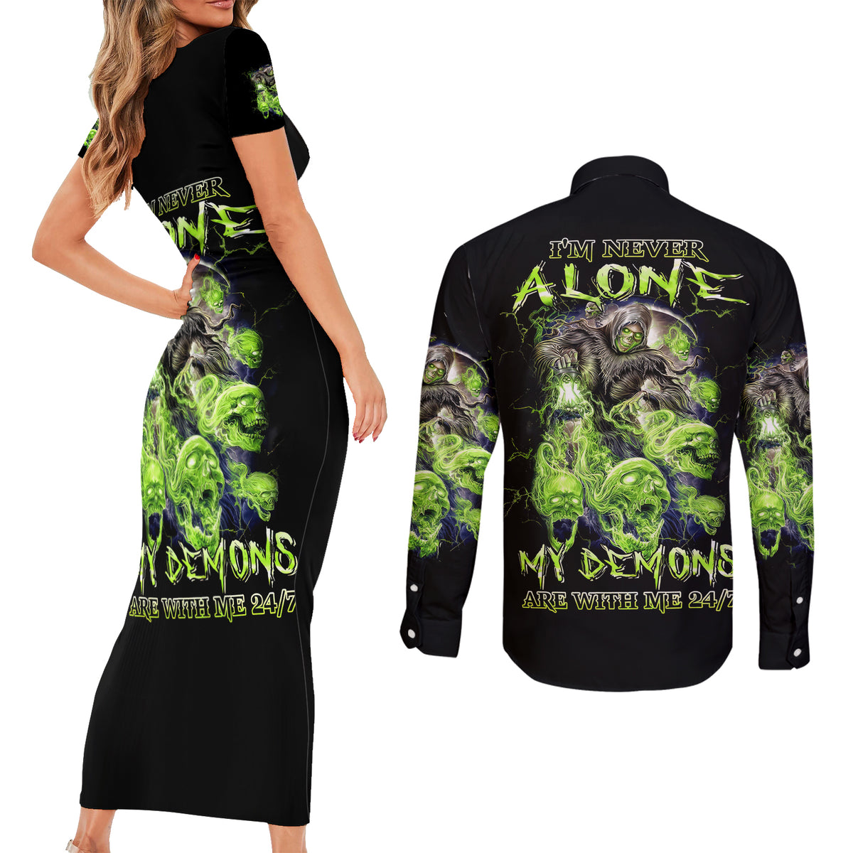 Death Skull Couples Matching Short Sleeve Bodycon Dress and Long Sleeve Button Shirts I Never Alone My Demon With Me 24/7 - Wonder Print Shop