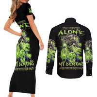 Death Skull Couples Matching Short Sleeve Bodycon Dress and Long Sleeve Button Shirts I Never Alone My Demon With Me 24/7 - Wonder Print Shop