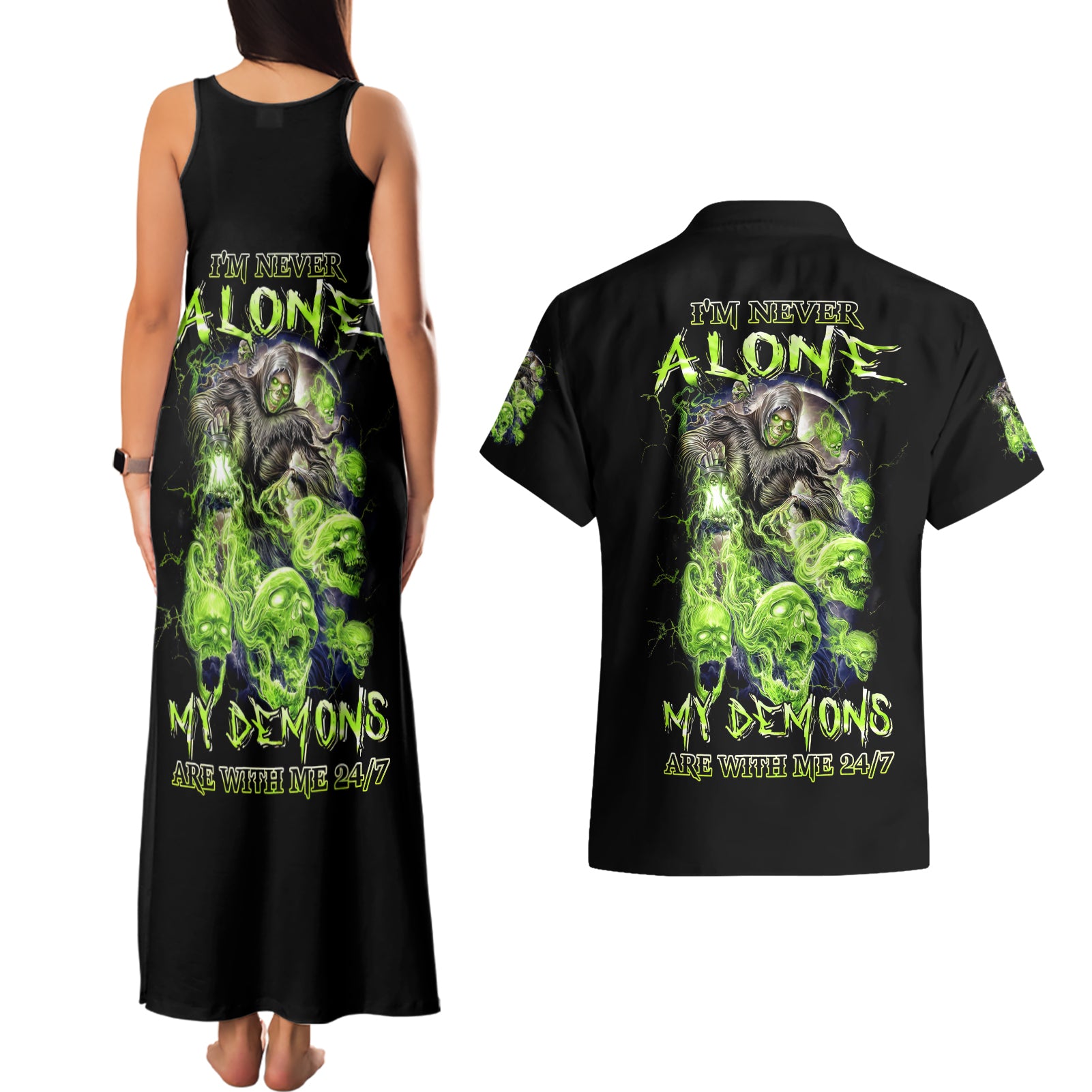 Death Skull Couples Matching Tank Maxi Dress and Hawaiian Shirt I Never Alone My Demon With Me 24/7 - Wonder Print Shop