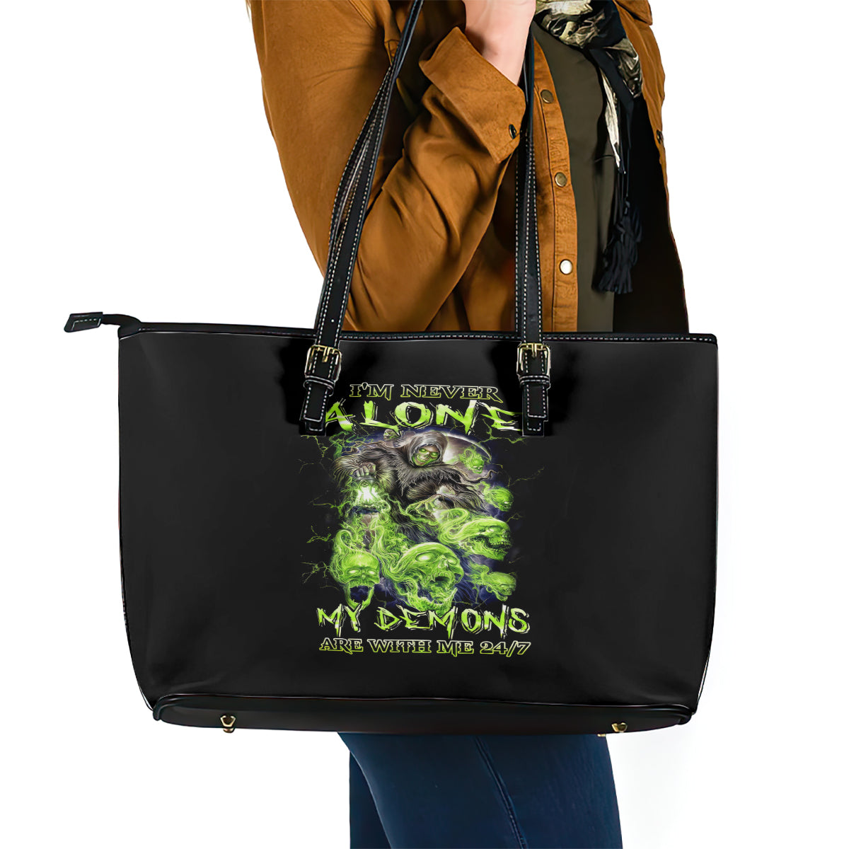 Death Skull Leather Tote Bag I Never Alone My Demon With Me 24/7 - Wonder Print Shop
