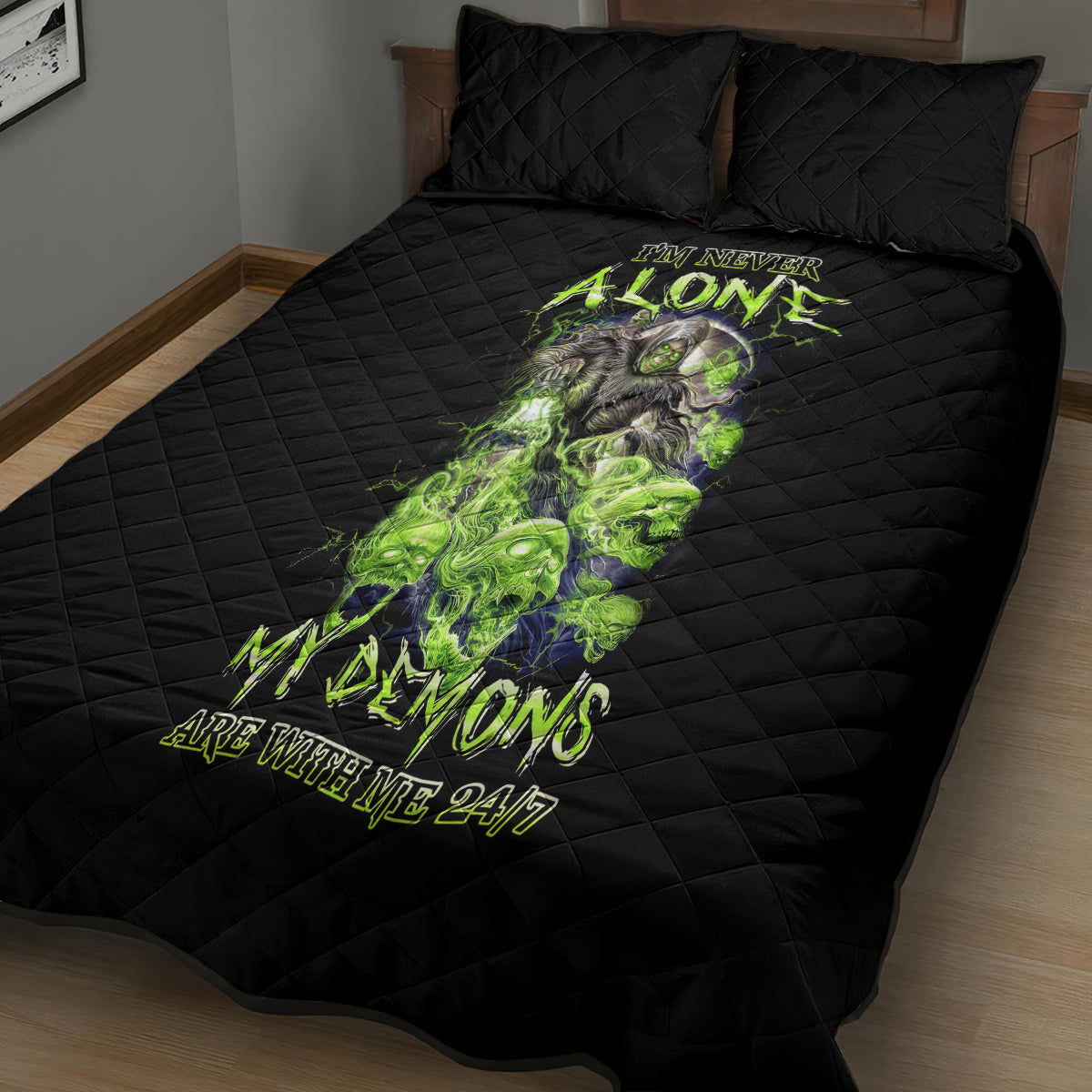Death Skull Quilt Bed Set I Never Alone My Demon With Me 24/7 - Wonder Print Shop