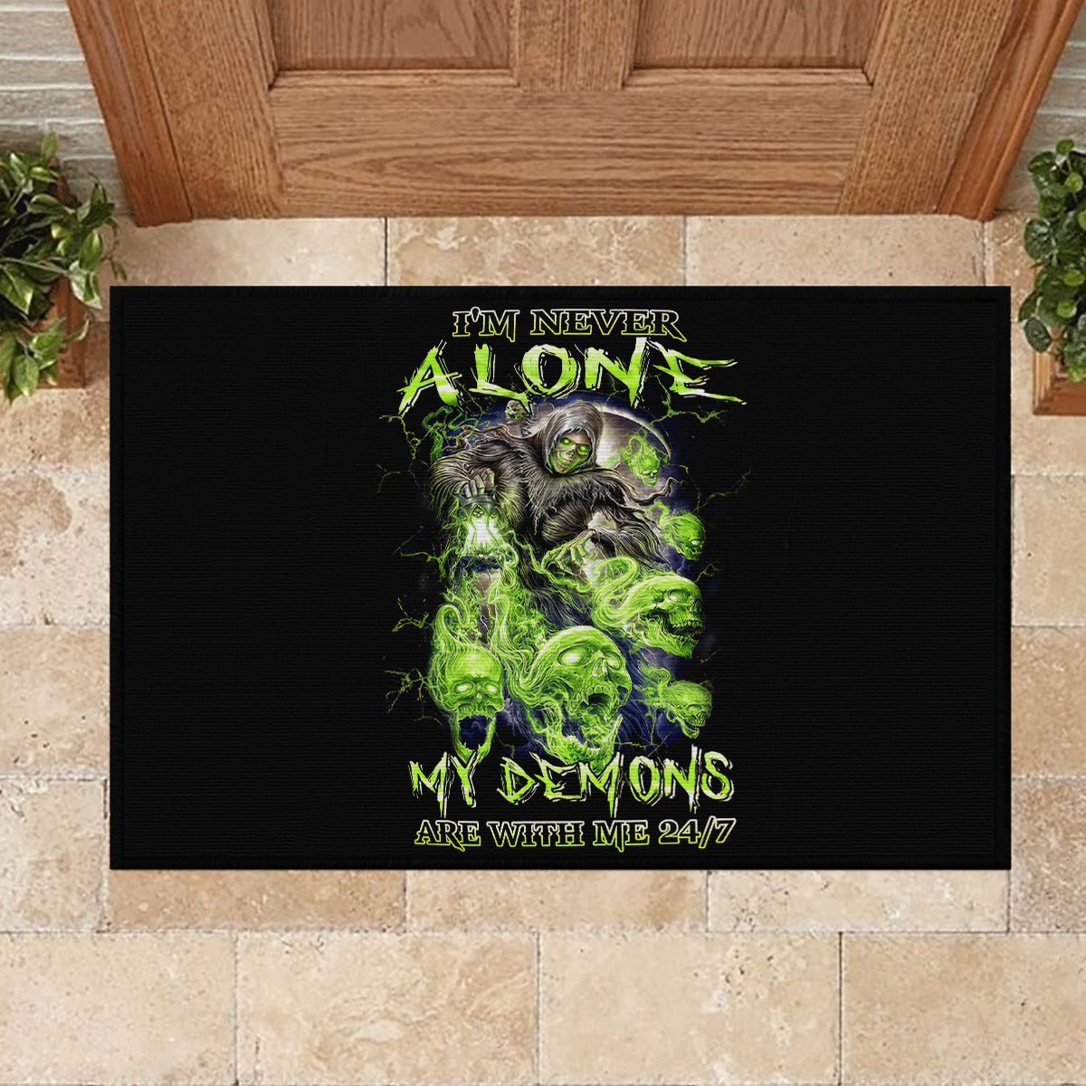 Death Skull Rubber Doormat I Never Alone My Demon With Me 24/7 - Wonder Print Shop
