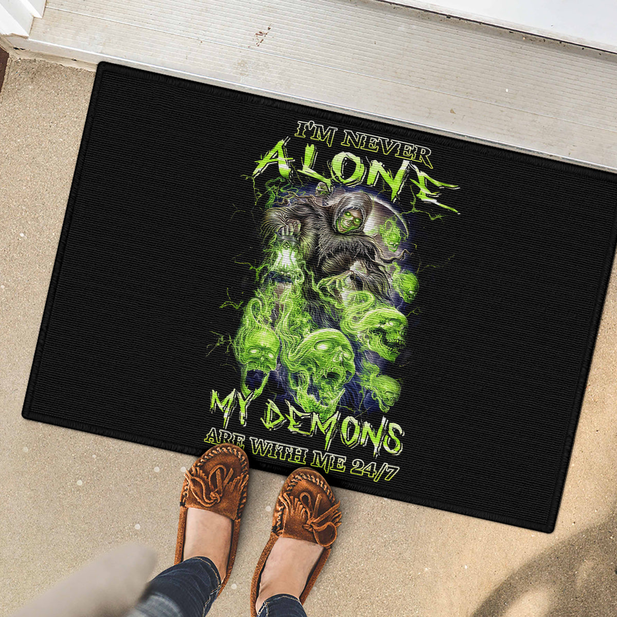 Death Skull Rubber Doormat I Never Alone My Demon With Me 24/7 - Wonder Print Shop
