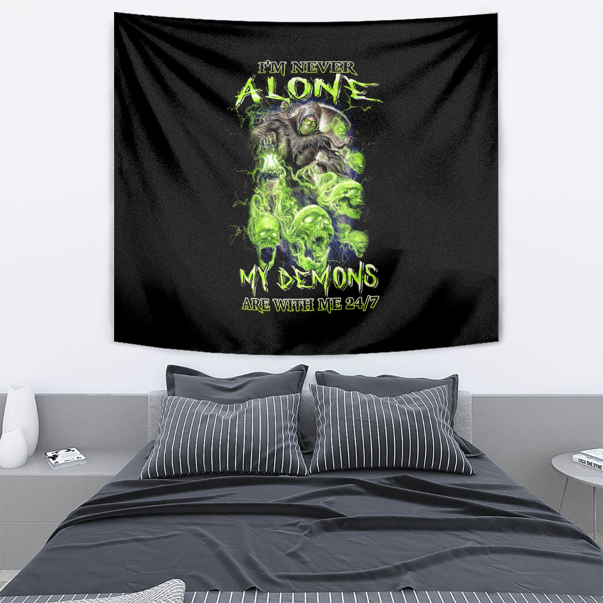 Death Skull Tapestry I Never Alone My Demon With Me 24/7 - Wonder Print Shop