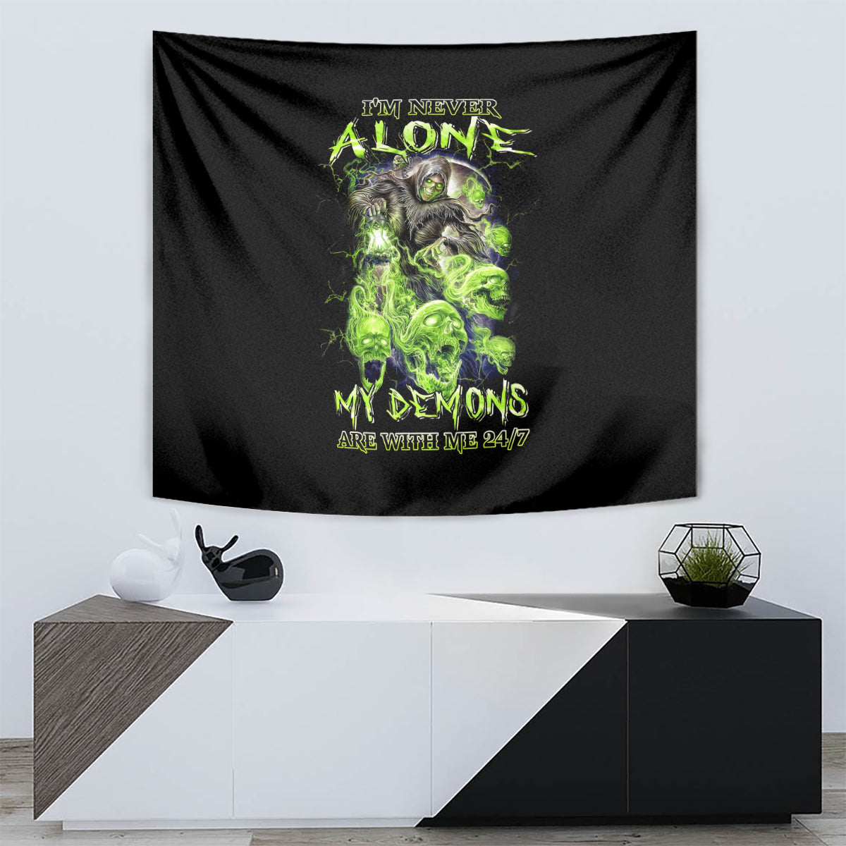 Death Skull Tapestry I Never Alone My Demon With Me 24/7 - Wonder Print Shop