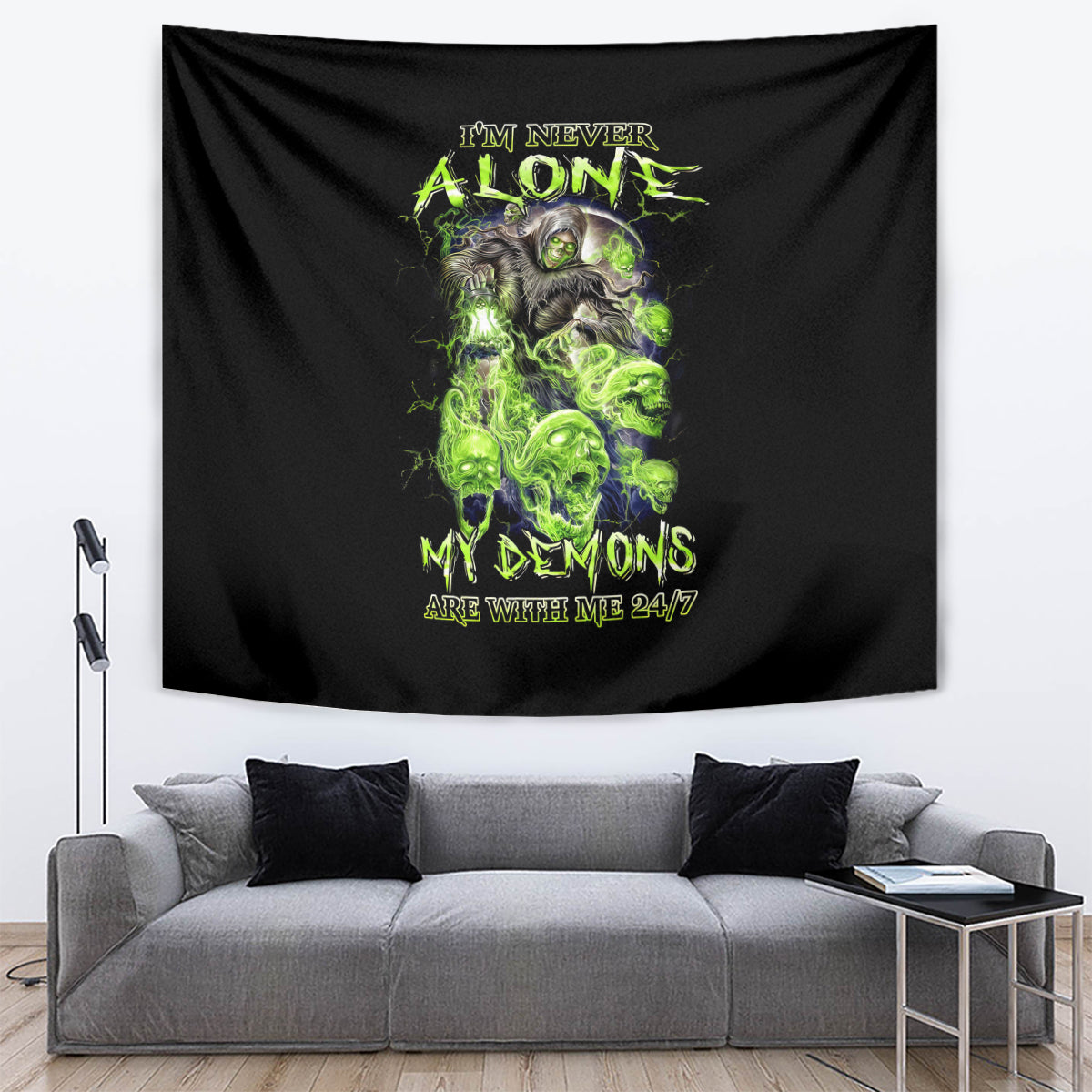Death Skull Tapestry I Never Alone My Demon With Me 24/7 - Wonder Print Shop