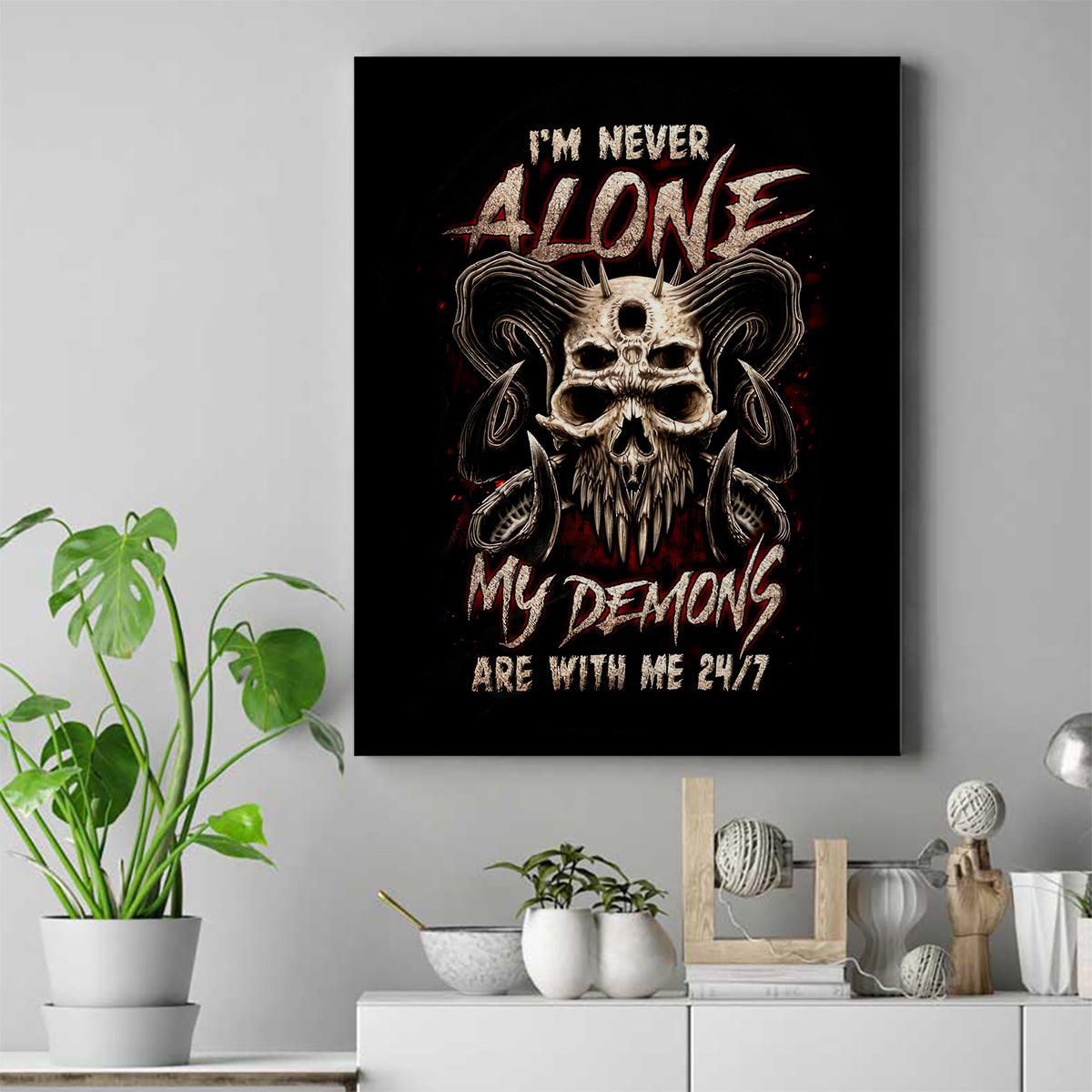 Satan Skull Canvas Wall Art I Never Alone My Demon With Me 24/7 - Wonder Print Shop