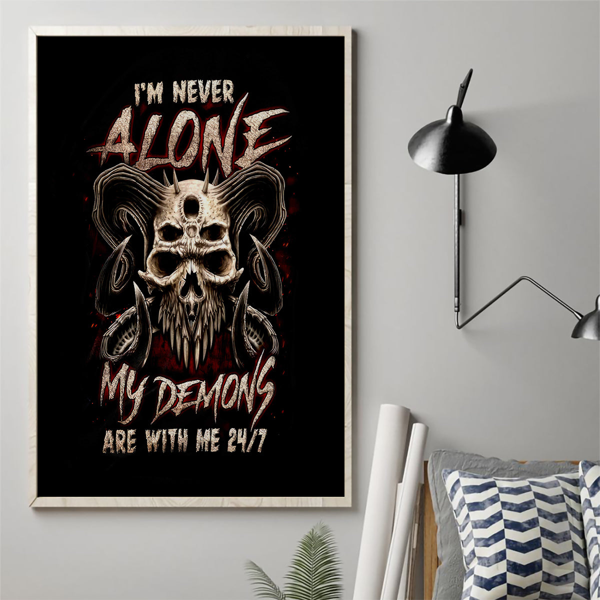 Satan Skull Canvas Wall Art I Never Alone My Demon With Me 24/7 - Wonder Print Shop