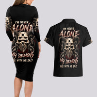 Satan Skull Couples Matching Long Sleeve Bodycon Dress and Hawaiian Shirt I Never Alone My Demon With Me 24/7 - Wonder Print Shop