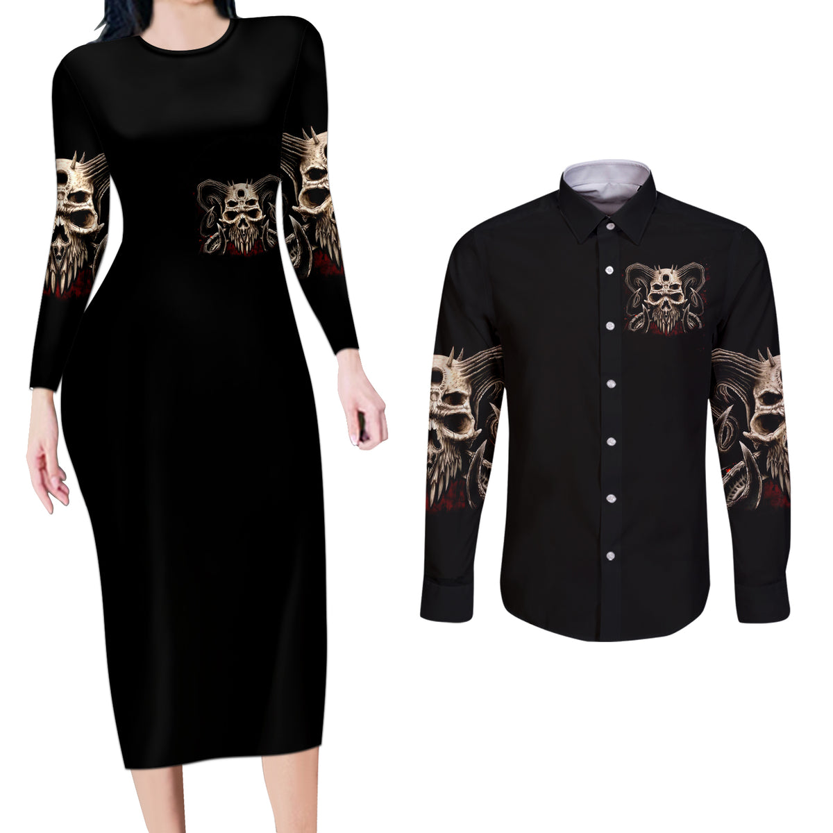Satan Skull Couples Matching Long Sleeve Bodycon Dress and Long Sleeve Button Shirts I Never Alone My Demon With Me 24/7 - Wonder Print Shop
