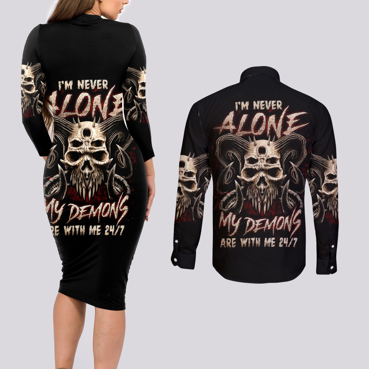 Satan Skull Couples Matching Long Sleeve Bodycon Dress and Long Sleeve Button Shirts I Never Alone My Demon With Me 24/7 - Wonder Print Shop