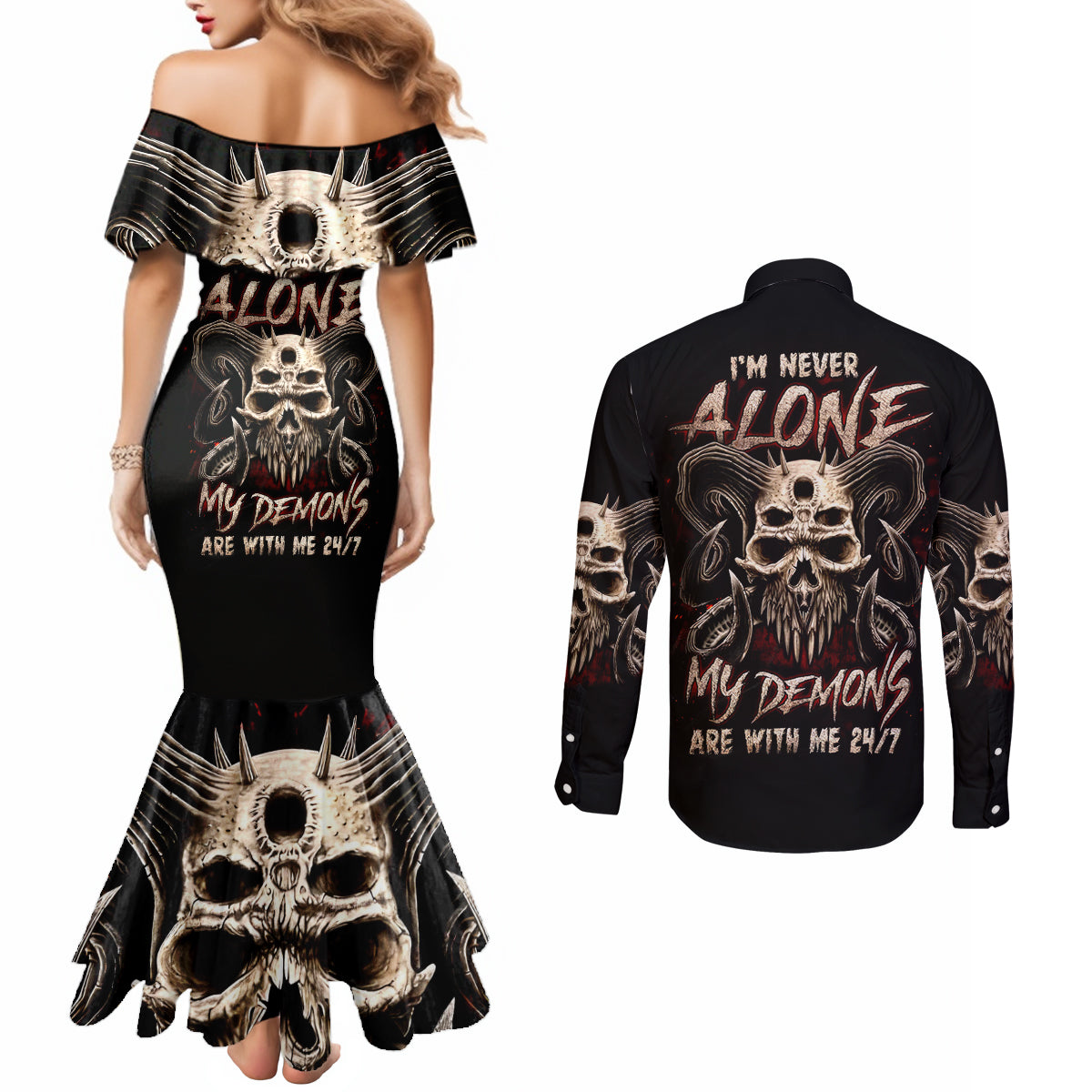 Satan Skull Couples Matching Mermaid Dress and Long Sleeve Button Shirts I Never Alone My Demon With Me 24/7 DT01