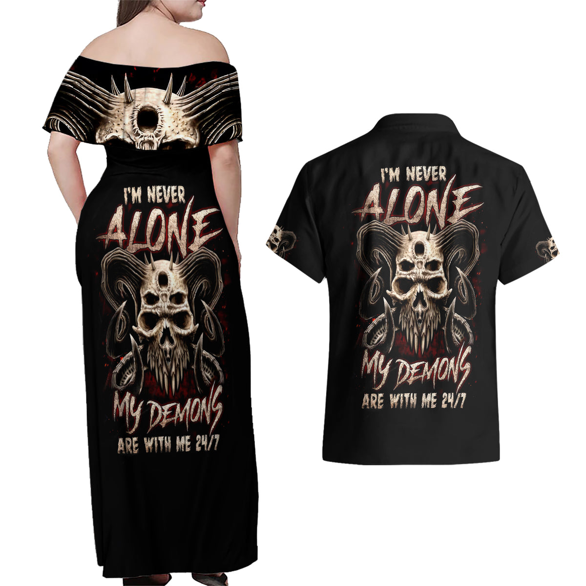 Satan Skull Couples Matching Off Shoulder Maxi Dress and Hawaiian Shirt I Never Alone My Demon With Me 24/7 - Wonder Print Shop