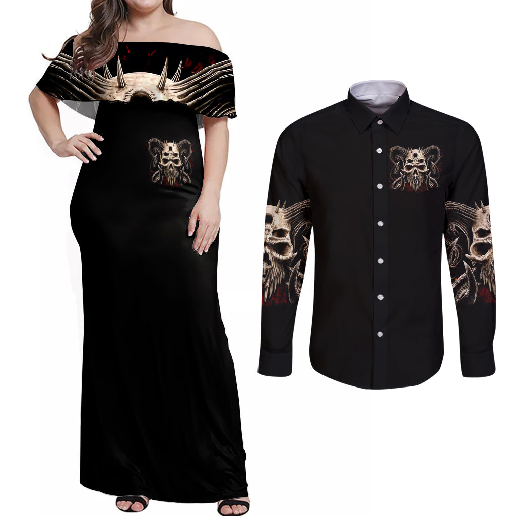 Satan Skull Couples Matching Off Shoulder Maxi Dress and Long Sleeve Button Shirts I Never Alone My Demon With Me 24/7 - Wonder Print Shop