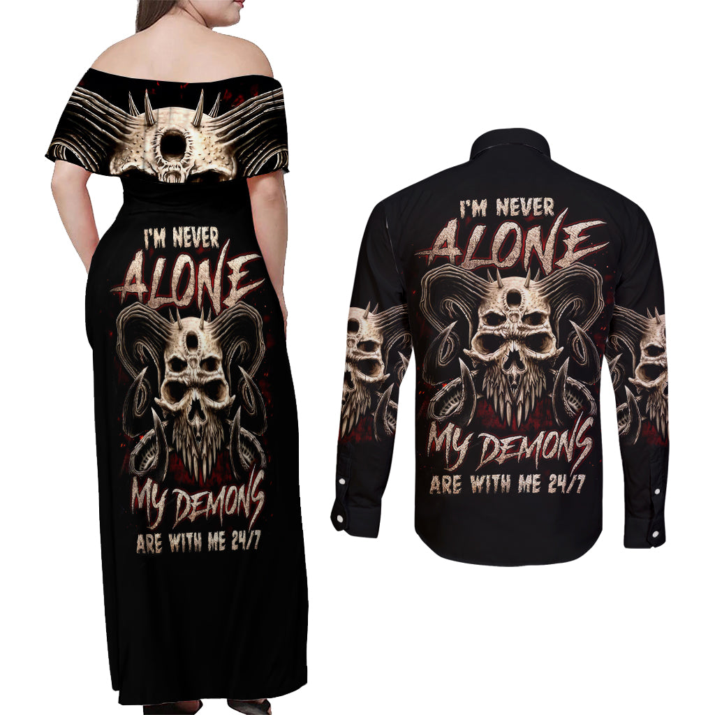 Satan Skull Couples Matching Off Shoulder Maxi Dress and Long Sleeve Button Shirts I Never Alone My Demon With Me 24/7 - Wonder Print Shop