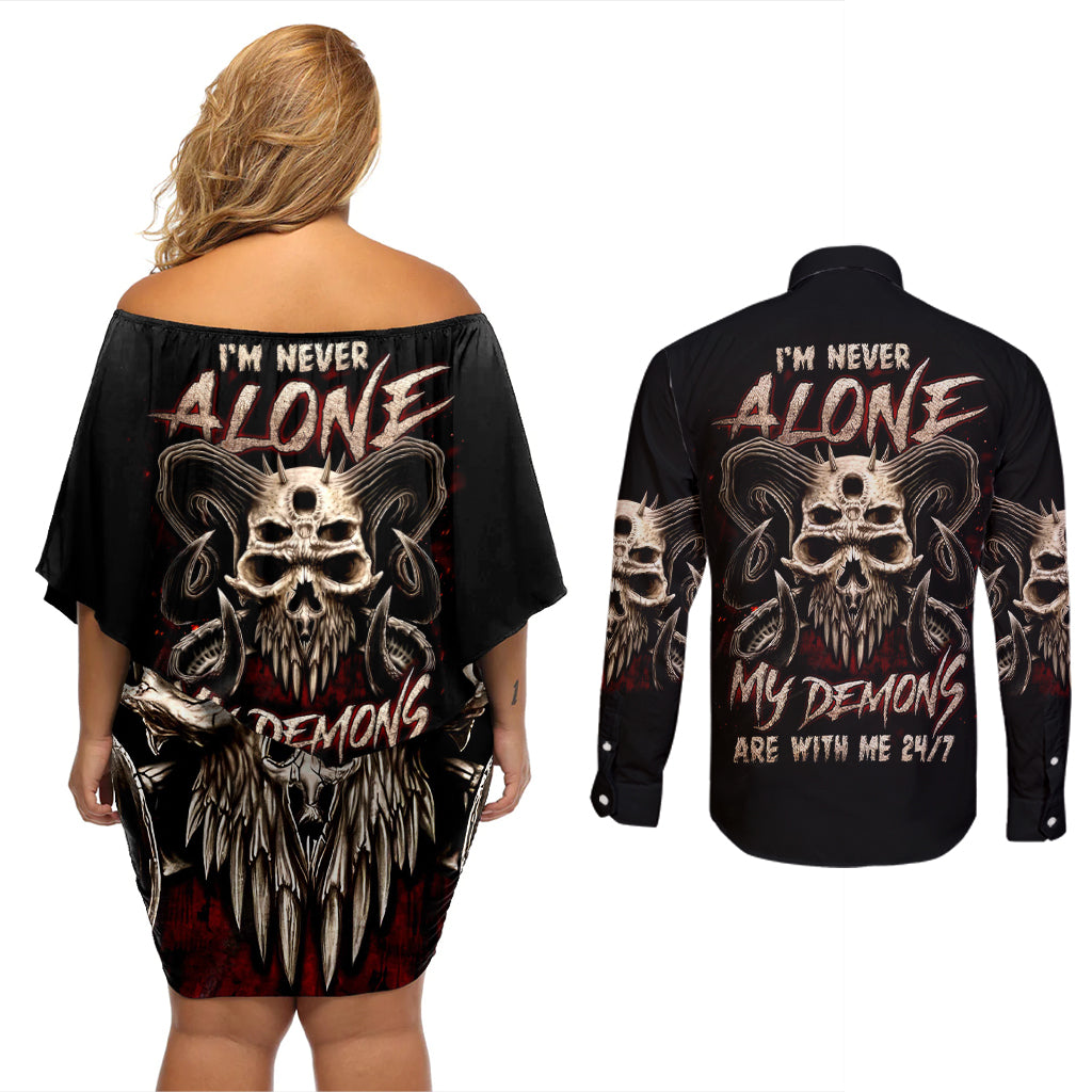 Satan Skull Couples Matching Off Shoulder Short Dress and Long Sleeve Button Shirts I Never Alone My Demon With Me 24/7 - Wonder Print Shop