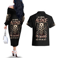 Satan Skull Couples Matching Off The Shoulder Long Sleeve Dress and Hawaiian Shirt I Never Alone My Demon With Me 24/7 - Wonder Print Shop
