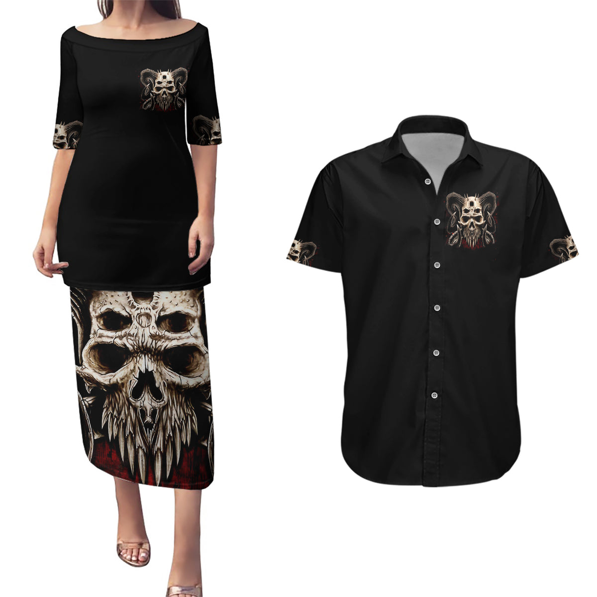 Satan Skull Couples Matching Puletasi Dress and Hawaiian Shirt I Never Alone My Demon With Me 24/7 - Wonder Print Shop