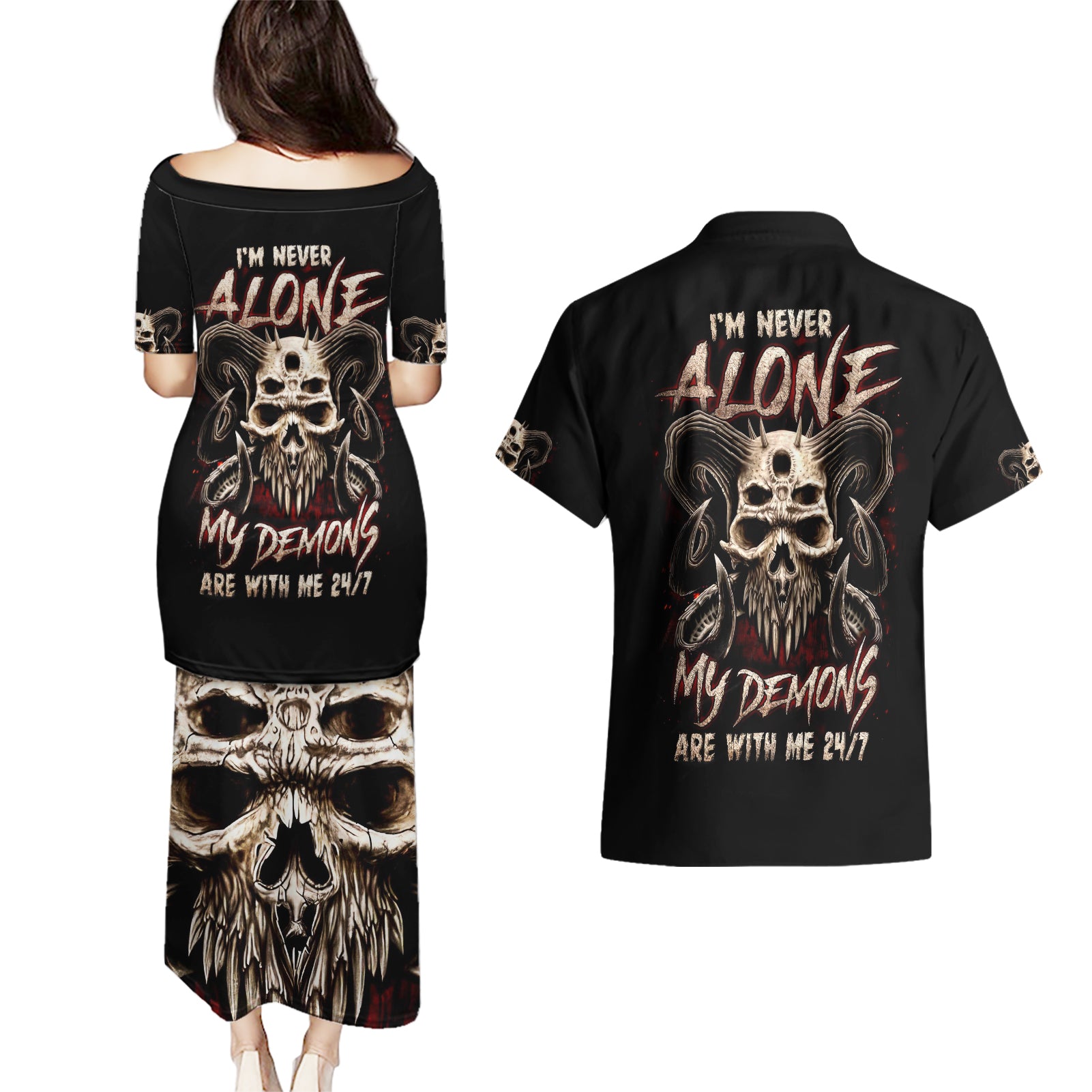 Satan Skull Couples Matching Puletasi Dress and Hawaiian Shirt I Never Alone My Demon With Me 24/7 - Wonder Print Shop
