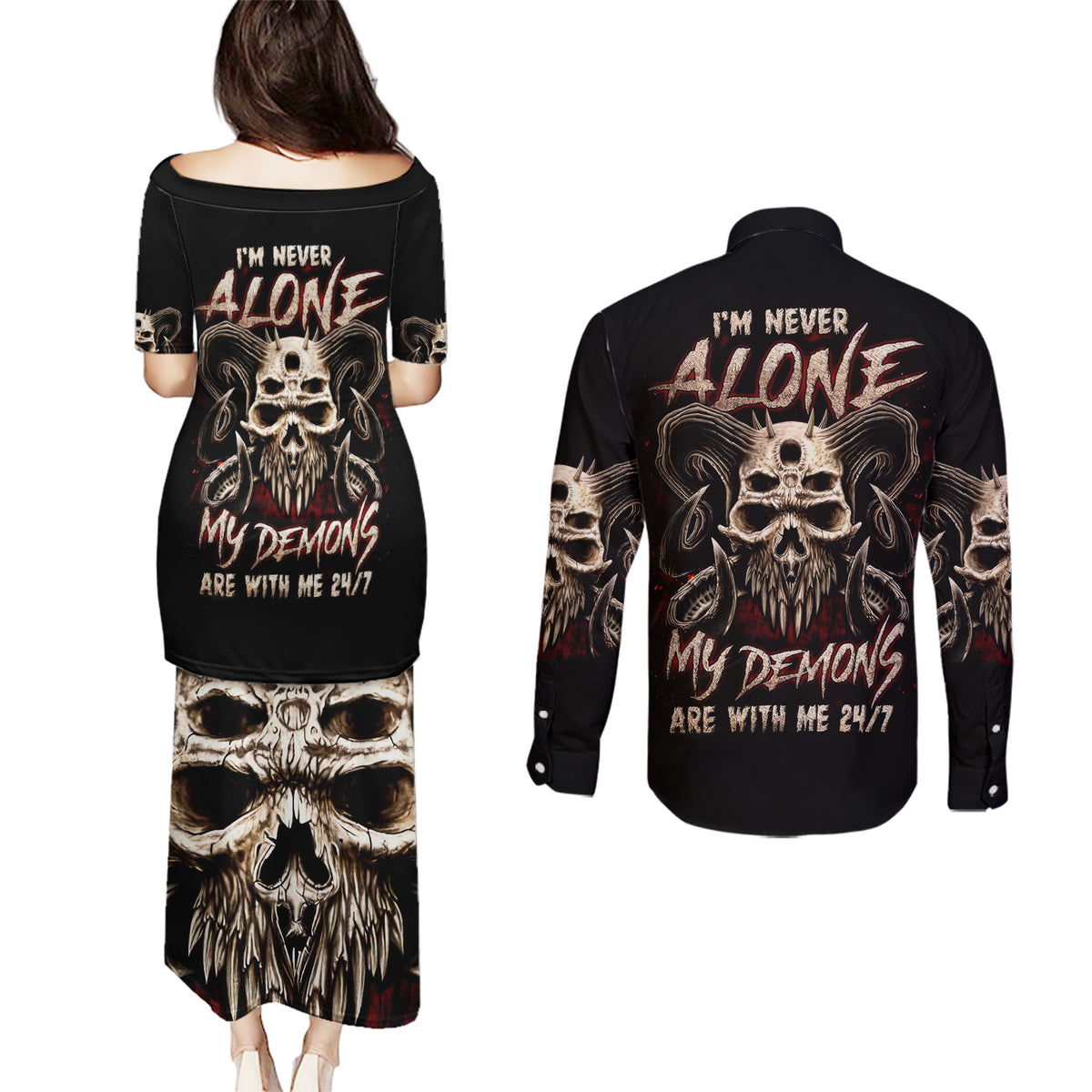 Satan Skull Couples Matching Puletasi Dress and Long Sleeve Button Shirts I Never Alone My Demon With Me 24/7 - Wonder Print Shop