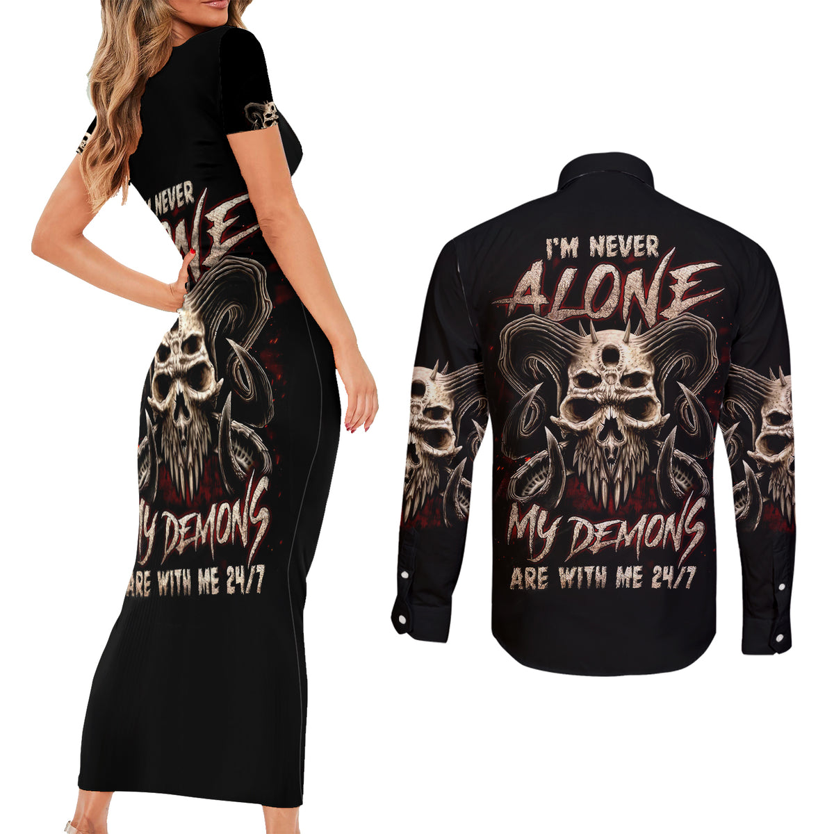 Satan Skull Couples Matching Short Sleeve Bodycon Dress and Long Sleeve Button Shirts I Never Alone My Demon With Me 24/7 - Wonder Print Shop